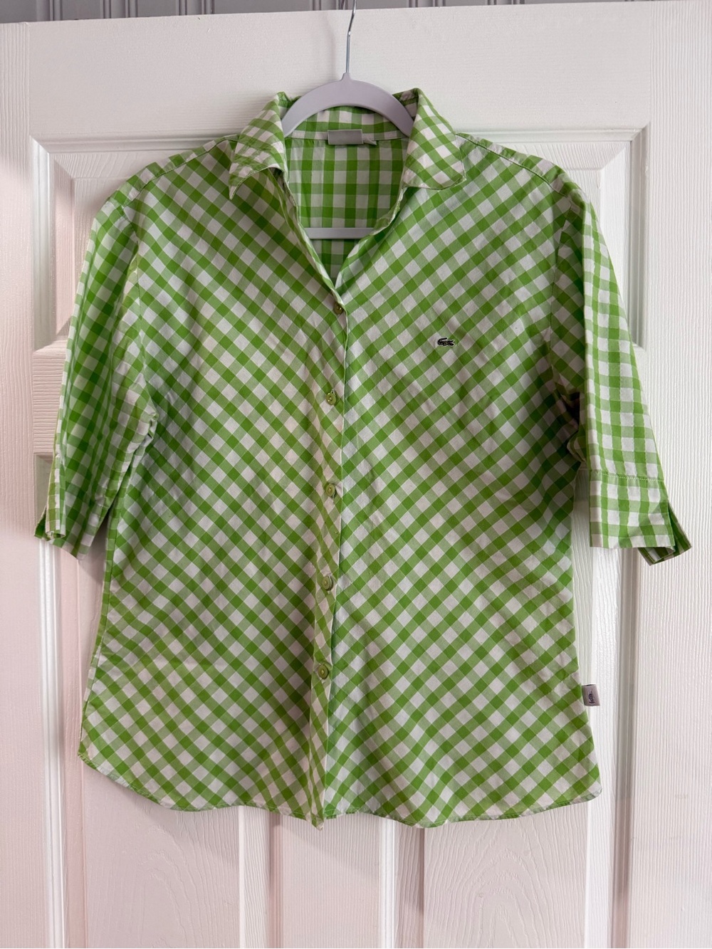 Lacoste Green and White Gingham Button-Down Shirt